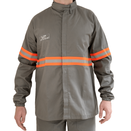 Jaleco cinza antichama CA 47308 faixa laranja Fortline
