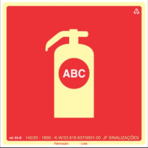 Placa extintor ABC E5b EX0503 com fotoluminescente de 20X20CM